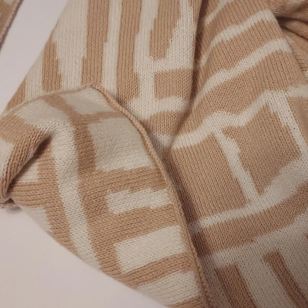 Mila.Vert Long Scarf Wrap Cotton beige Tan White Geometric Print Double Sided
